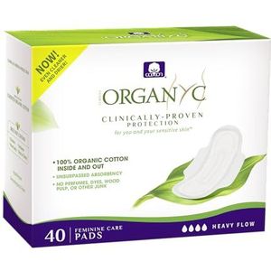 Organyc - 100% gecertificeerde biologische katoenen vrouwelijke pads, maandverband 40 tellen, zware stroom, nieuwe grotere verpakking