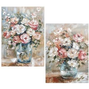 DRW Canvasafbeelding, vaas met bloemen, handbeschilderd, in wit, roze en blauw, 50 x 3 x 70 cm
