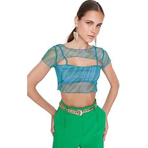 Trendyol Vrouwen Slim Bodycone Crew Neck Geweven Blouse, Groen-multicolor, 64