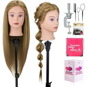 Neverland Beauty haar styling oefenhoofd, 28 inch 60% echt menselijk haar styling hoofd oefen hoofd poppenhoofd voor styling met tafel klem + DIY haar styling tools set (goud)