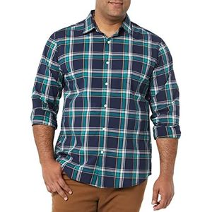 Amazon Essentials Heren Regular-Fit Stretch Poplin Shirt met lange mouwen, donkergroen marineblauw medium geruit, Large