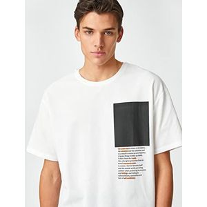 Koton Oversized T-shirt voor heren, slogan bedrukt, ronde hals, korte mouwen, wit (000), S