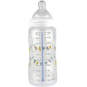 Tigex Overgang+ flesjes met temperatuurwaarschuwing, 6 maanden, 300 ml, siliconen, anti-koliek, BPA-vrij, geel en grijs