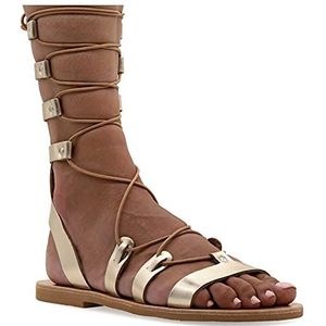 Goud 38 Emmanuela Calf's hoge lederen sandalen in oude Griekse stijl, handgemaakte platte gladiator sandalen met open tenen, hoge kwaliteit Riemchen zomerschoenen voor vrouwen