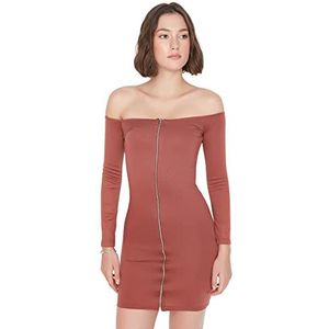 TRENDYOL Dames Woman Mini Shift Turndown Collar Knit Dress Jurk, bruin, S