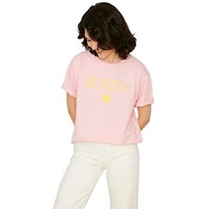 Trendyol Dames roze geborduurd vriend gebreid T-shirt, roze, extra klein