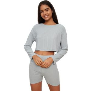 Trendyol Dames Effen Dunne Gebreide Hemdje - Leggings Pyjama Set, Blauw, L