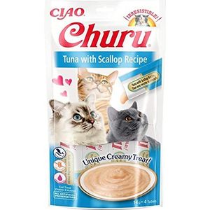 INABA Churu - Kattentraktaties van tonijn en sint-jakobsschelp – heerlijke snacks voor katten – gladde en romige textuur – kattenvoer – 48 tubes x 14 g