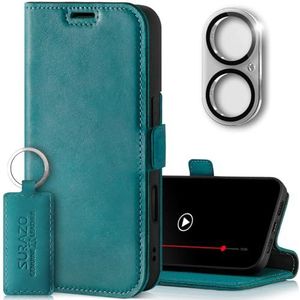 SURAZO Leren klaphoesje met magneetsluiting voor Apple iPhone 16 Plus, klaphoesje van echt leer met kaartenvak, RFID-bescherming, camerabescherming, portemonneehoes (turquoise)