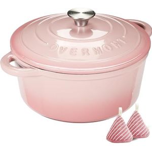 Overmont Braadpan van emaille gietijzer, stoofpan, 26 cm, geschikt voor de oven, met deksel en kookboek, voor keuken, bakken, smoren, braden, roze