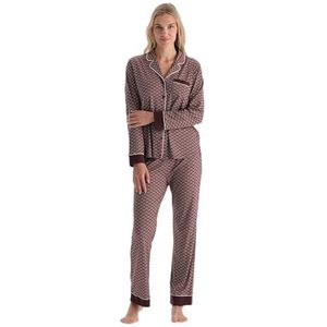 Dagi Dames Bordeaux Geometrisch Patterned Combed Modal Shirt Broek Pyjama Set, L, bordeaux, L
