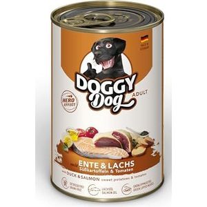DOGGY Dog Paté eend en zalm, 6 x 400 g, nat voer voor honden, graanvrij hondenvoer met zalmolie en groenlipmossel, compleet voer met zoete aardappel en tomaat, Made in Germany