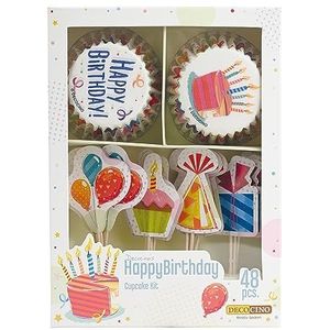 DECOCINO Muffinset Happy Birthday, 48-delig, 24 cupcake-vormpjes met Ø 5 cm en 24 muffintoppers van papier, ideale decoratie voor kinderverjaardagen
