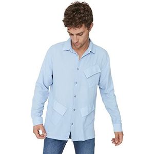 Trendyol Mannelijk Oversize Standaard Shirt Kraag Geweven Shirt, Blauw, XL