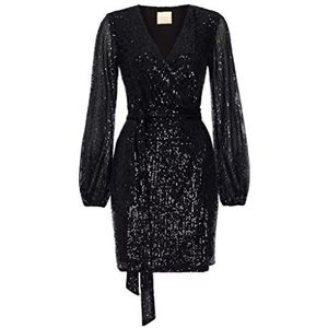 Swing Fashion Mini-jurk voor dames, elegante jurk, feestelijke jurk, feestjurk, avondjurk, bruiloftsjurk, glanzende jurk, korte jurk, glitterjurk, sexy lange mouwen, zwart, maat 38 (M), zwart, M