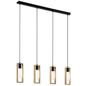 EGLO Hanglamp Littleton, 4 vlammige vintage hanglamp in industrieel design, retro hanglamp van staal en hout, kleur: zwart, bruin, fitting: E27