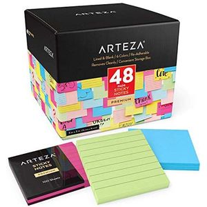 Arteza Sticky Notes, 48 Pads, 3 x 3 Inches, 24 Lined & 24 Blank, 100 Sheets Each, 6 Assorted Colours, Re-Adhesive, Office Supplies for To-Do Lists, Reminders, and Studying