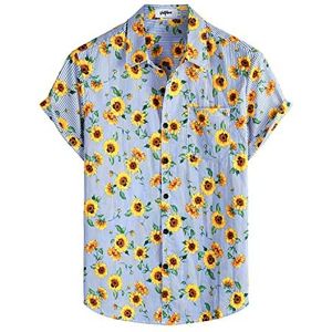 VATPAVE Heren bloemen Hawaiiaans shirt casual button down korte mouw Aloha strandshirts, Blauwe Zonnebloem, S
