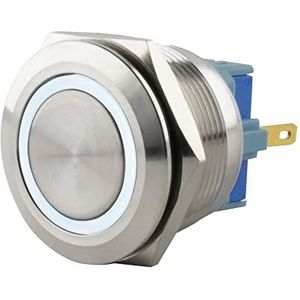 SeKi Roestvrijstalen drukschakelaar, Ø25 mm, vergrendelend, platte kop, gekleurde verlichte LED-ring in wit soldeertigs, platte stekker, 0,5 x 2,8 aansluiting