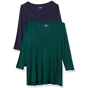 Amazon Essentials Women's Swing T-shirt met driekwartmouwen en V-hals (verkrijgbaar in grote maten), Pack of 2, Jadegroen/Marineblauw, S