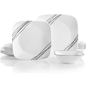 Corelle 18-delige dinerset, eenvoudige schets, zwart en wit voor 6, chipbestendig diner, inclusief 26 cm vierkante dinerborden, 17 cm vierkant salade/zijplaten en 530 ml vierkant/keramische schotels