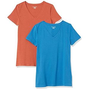 Amazon Essentials Women's T-shirt met korte mouwen en V-hals in klassieke pasvorm, Pack of 2, Terracotta/Blauw, XS
