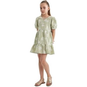 DeFacto Meisjesjurk - modieuze jurk voor stijlbewuste meisjes, groen, 8-9 Jaren