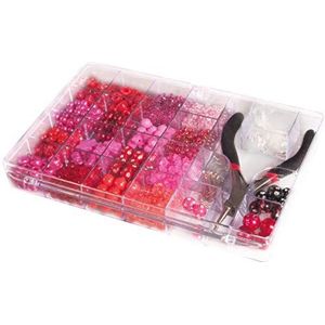 Rayher 14797264 Parelbox met tang, 20 x 13,5 cm, inhoud 180 g, rosé-/roze-/rode tinten, kleur- en maatmix, kralen om te rijgen, kunststof parels, plastic kralen