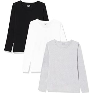 Berydale Dames Shirt met lange mouwen en ronde hals, gemaakt van 100% katoen, Zwart/wit/grijs, set van 3, M
