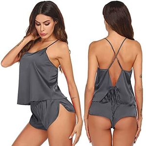 Ekouaer Zijden pyjama set voor vrouwen satijn rugloze lingerie pyjama cami top en shorts nachtkleding, Grijs, S