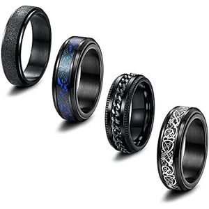 JeweBella 4 stuks roestvrijstalen ringen voor heren, spinner-ringen, set vintage zwarte kettingringen, Celtic Dragon vintage ring, draaibare brede spinner-ring voor heren, bruiloft, verloving, maat 54-70, roestvrij staal