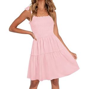 ZESICA Mouwloze zomerjurk met spaghettibandjes met vierkante hals en ruches in één lijn voor dames, roze/Rebel Fun, maat S, Roze/Rebel Fun, S