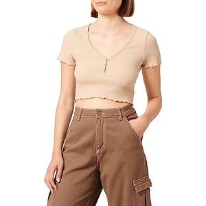 Koton Dames V-hals knoop detail korte mouw katoen crop T-shirt, beige (057), M