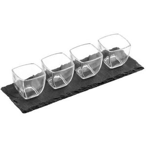 Premier Housewares vierkante snackkommen van glas, met dienblad van leisteen, 4 stuks, grijs, 10x30x6.5
