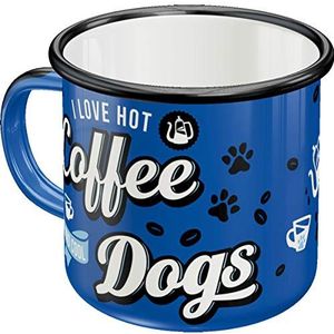 Nostalgic-Art Retro Emaille mok, Hot Coffee & Cool Dogs – Geschenkidee voor hondenbezitters, Kampeer beker, Vintage design, 360 ml