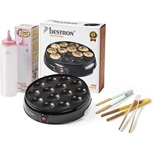 Bestron Poffertjesmaker, voordeelpakket incl. deegfles & 3-delige set serveertangen, ideaal voor Kerstmis, Pasen of kinderverjaardagen, retro design, 800 watt, kleur: zwart/roze