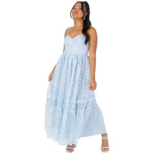 Maya Deluxe Dames midi-jurk met mouwen V-hals Cami pailletten geborduurd ruffles voor bruiloft gast, gala, baljurk dames, Blauw, 34