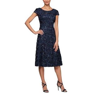 Alex Evenings Women's Tea Length Cap Sleeve Rosette Dress (Petite and Regular), Navy, 14