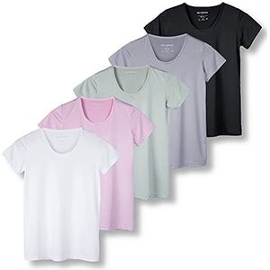 Real Essentials 5 Pack: Dames Dry Fit Tech Stretch korte mouwen ronde hals atletisch T-shirt, Set 9, L