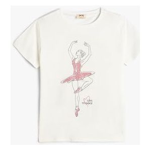 Koton T-shirt voor meisjes, ronde hals, korte mouwen, Shimmer bedrukt, ecru(010), 6-7 Jaar