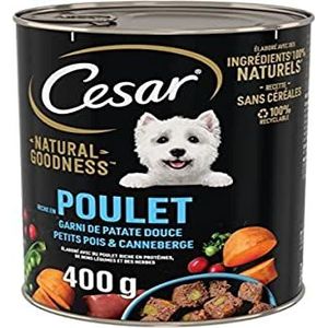 CESAR Natural Goodness - Set van 6 dozen van 400 g – terrine dozen voor volwassen honden, rijk aan kip – gevuld met zoete aardappel, erwten en cranberry – nat voer voor honden zonder granen