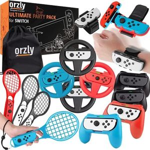 Orzly-Accessoirebundel PartyPack gemaakt voor gebruik met Nintendo Switch - [4x]: Controller-Grepen en Stuurwielen, Pols-Dansbanden, Tennisrackets, en Reisvriendelijke Opslagtas met Trekkoord