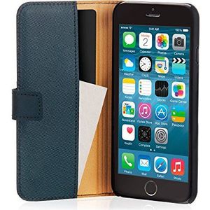 Pipetto iPhone 6 / iPhone 6S hoes, Apple iPhone 6 / iPhone 6S hoes leder folio portefeuille cover 12 cm slank + kaarthouder (marineblauw saffiano)