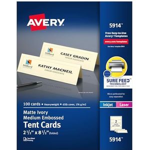 Avery Bedrukbare tentkaarten met Sure Feed-technologie, 6,3 x 21,6 cm, ivoorkleurig met reliëfrand, 100 lege tafelkaarten voor laser- of inkjetprinters (05914)
