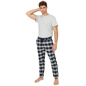 Trendyol Dames Man Plaid Geweven Pyjama Bottoms Set, Grijs/Marineblauw, L, Grijs/Navy Blauw, L
