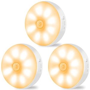 GONICVIN Sensorverlichting Oplaadbare Draadloze Wandlamp LED Nachtlampen Auto/On/Off, Trappen Woonkamer Gangen Kast Keuken Onder Kasten (3 Pack, Warm Licht)