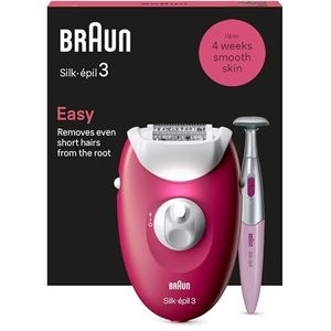 Braun Silk-épil 3 Bedraad Epilator voor dames, voor ontharing, opzetstukken voor scheerapparaat, trimmer en massage voor lichaam, 3-202, framboos