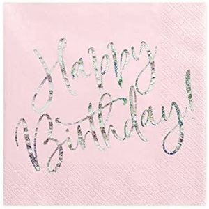 PartyDeco Happy Birthday-servetten, licht poederroze, 33 x 33 cm, set van 20 stuks, verjaardagsfeest, familiebijeenkomst