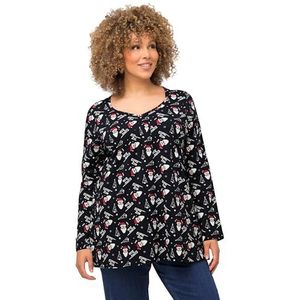 Ulla Popken 811511 Damesshirt, grote maten, plus-size, kerstpatroon, A-lijn, harthals, lange mouwen, marineblauw, 46/48 NL