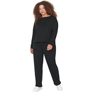Trendyol Dames effen gebreide blouse-broek plus grootte pyjama set, Zwart, 3XL